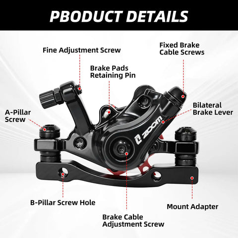 Badass Bike Disc Brake Kit Aluminum Front And Rear Caliper with detailed adjustment features and mount adapter for easy setup.