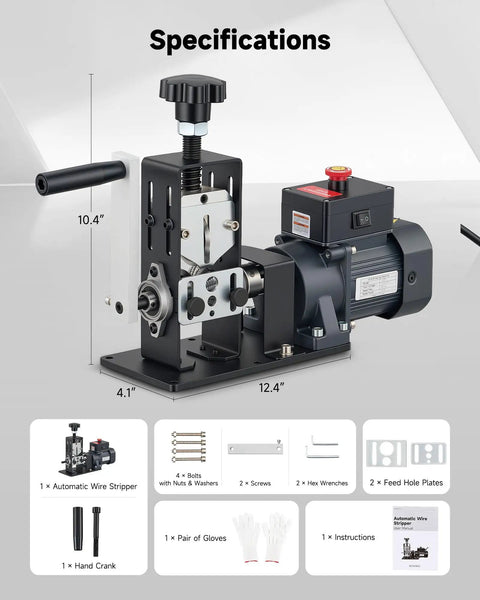 Heavy Duty Electric Wire Stripper Machine Featuring Multiple Operation Modes For Rapid Automated Cable Peeling, close-up view with specifications.