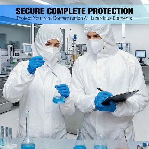 Two people in lab wearing Three Pack X Large Disposable Hazmat Paint Suits With Hood And Elastic Wrists, handling test tubes