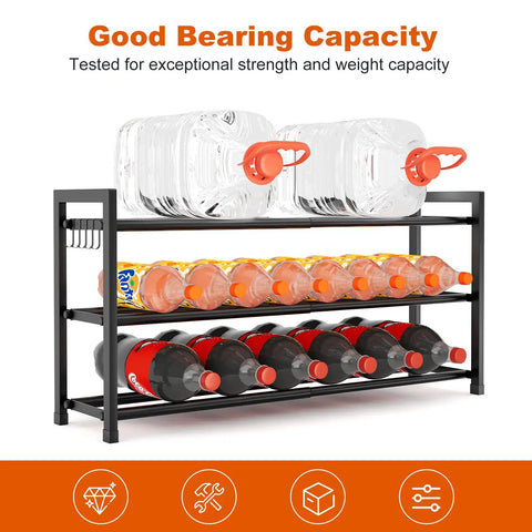 Space Saver Expandable Shoe Rack 18.5 To 33 Inches Wide 3 Tier Metal Shoe Organizer supporting multiple water and soda bottles.