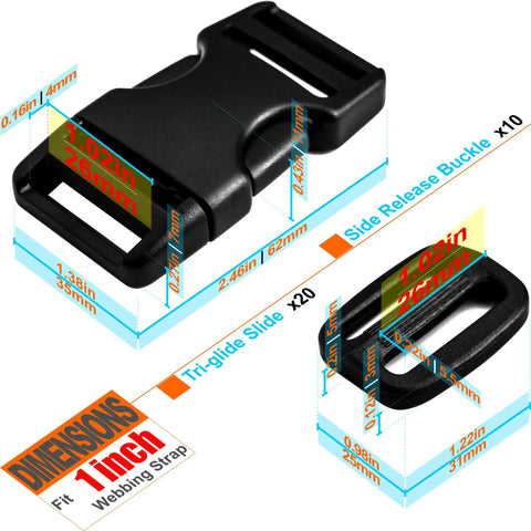 1 Inch Webbing Buckles With Quick Side Release, 10 Sets And 20 Tri-Glide Slides, Fits 1 Inch Nylon Belts, Built Tough Heavy Duty Plastic Snap Fasteners, Dual Adjustable Strap Hardware dimensions diagram