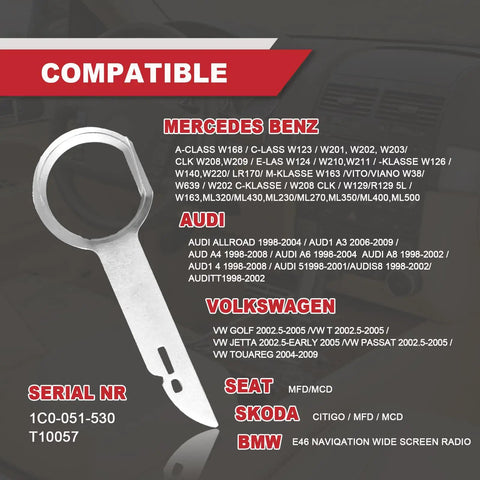Pin Style Car Radio Removal Kit With DIN Release Keys 4 Pack Aluminum Fascia Tools For Audi VW Mercedes BMW compatibility guide.