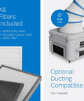 Stackable Portable Air Scrubber And Negative Air Machine With Heavy Duty 3-Stage Filtration showing pre filter, carbon filter, HEPA filter.