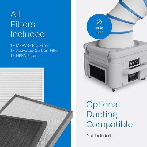 Stackable Portable Air Scrubber And Negative Air Machine With Heavy Duty 3-Stage Filtration showing pre filter, carbon filter, HEPA filter.
