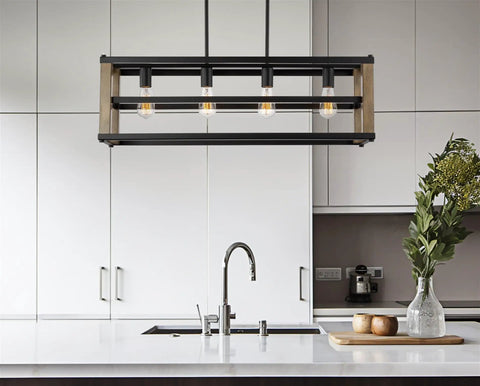 34 Inch Four Light Farmhouse Kitchen Island Pendant Light With Linear Rectangle Chandelier In Smoked Birch Finish Over Modern Kitchen Island
