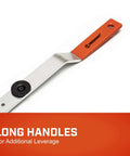 Heavy Duty Duct Stretcher Tool for HVAC Systems with long handle leverage, pro grade, shown in side view with steel and red handle