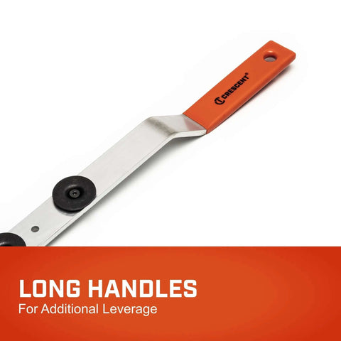 Heavy Duty Duct Stretcher Tool for HVAC Systems with long handle leverage, pro grade, shown in side view with steel and red handle