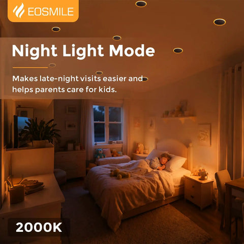 EOSMILE 3 Inch White LED Recessed Lighting with Night Light, 6 Pack illuminating a child's bedroom at night.