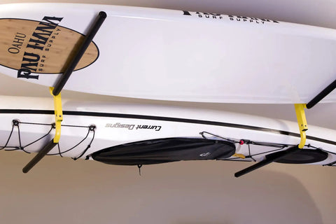 Yellow Kayak Ceiling Rack And Under Deck Garage Hanger For Two Kayaks And SUPs Adjustable Arm Storage Solution To Free Up Floor Space.