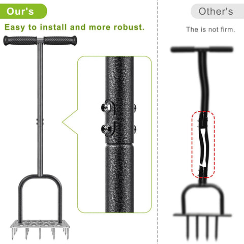 Manual Lawn Aerator Spike Tool With 15 Stainless Steel Spikes Non Slip Grip Handle side by side with less durable model
