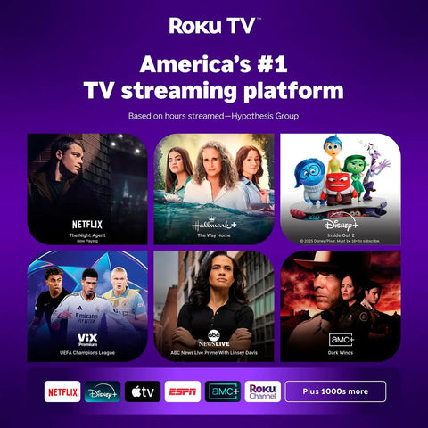 Roku TV streaming platform featuring Netflix, Disney+, and more; popular shows and movies on a purple background.