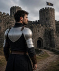 Man wearing Medieval Iron Gorget and Spaulders Shoulder Armor Set for Reenactors, Gear Up Battle Ready Pauldrons, castle backdrop