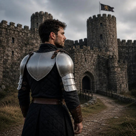 Man wearing Medieval Iron Gorget and Spaulders Shoulder Armor Set for Reenactors, Gear Up Battle Ready Pauldrons, castle backdrop