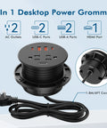 3 Inch Desk Power Grommet With 35W Usb C Fast Charging With 4 Usb Ports And Hdmi showing black desktop station with multiple outlets.