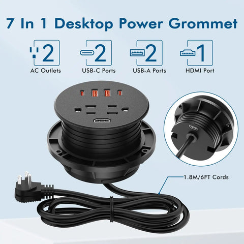 3 Inch Desk Power Grommet With 35W Usb C Fast Charging With 4 Usb Ports And Hdmi showing black desktop station with multiple outlets.