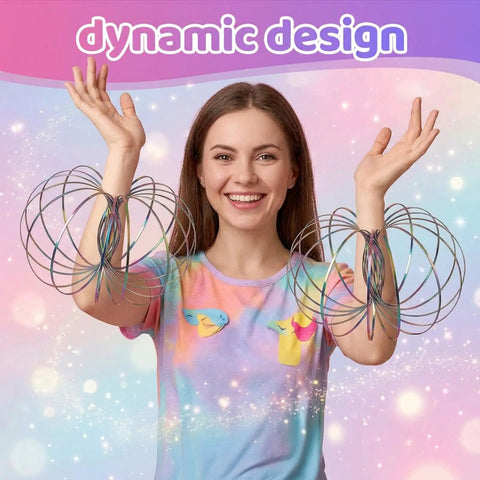 Woman using Flow Ring Spinner Arm Tool 5.1 Inch Multicolor Iridescent Fidget Toy For Adults, showing dynamic design.
