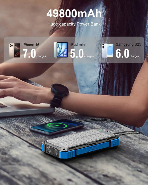 Massive 49800mAh Solar Power Bank With Wireless Charging on table, showing charging capabilities for phones and tablets