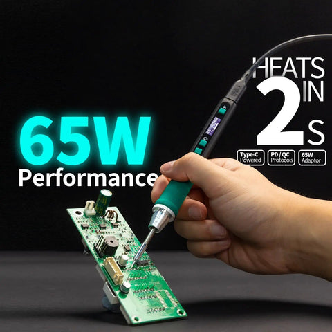Portable Soldering Iron Pen Kit With 65W PD QC Type C Power, Rapid 5 Second Heat Up, hand holding soldering pen on circuit board