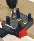 Handheld Dowel Jig For Flawless Corner Edge Surface Woodworking Joints With Adjustable Fence, securing pins and bushings.