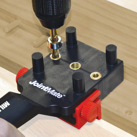 Handheld Dowel Jig For Flawless Corner Edge Surface Woodworking Joints With Adjustable Fence, securing pins and bushings.