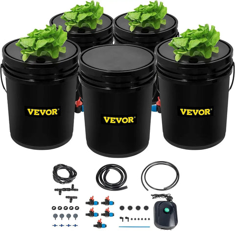 Five Bucket Deep Water Culture Hydroponic Grow System with 5 gallon buckets, efficient pump, air stone, and connected reservoir