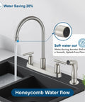 Heavy Duty Two Handle Kitchen Faucet With Pull Down Sprayer And Four Hole Deck Mount In Sleek Brushed Nickel Finish, water-saving feature.