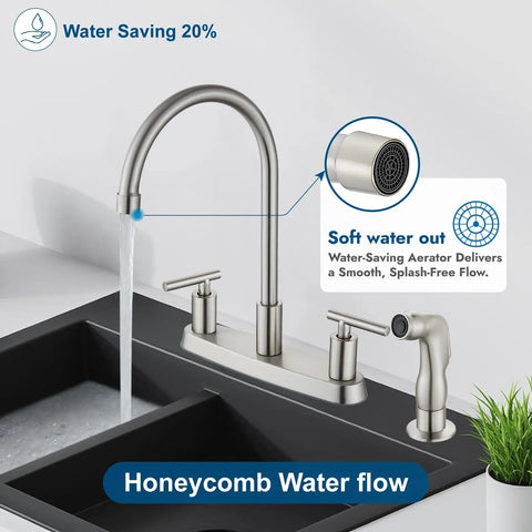 Heavy Duty Two Handle Kitchen Faucet With Pull Down Sprayer And Four Hole Deck Mount In Sleek Brushed Nickel Finish, water-saving feature.
