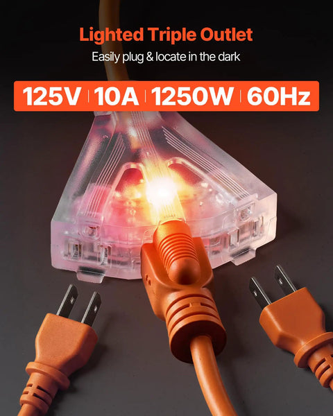 Lighted triple outlet for heavy duty 30 ft retractable extension cord reel with automatic rewind and triple grounded sockets