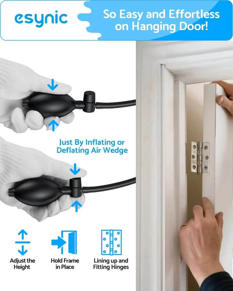Hands using 2 Pack Air Wedge Bags With 300 Pound Lift Capacity And 136 Kilogram Lift Capacity Anti Slip Inflatable Air Shim Set for door installation.