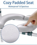 Cozy Padded Seat of Straight Up Raised Toilet Seat With Cozy Padded Handles And Adjustable Height For Seniors, waterproof details shown.