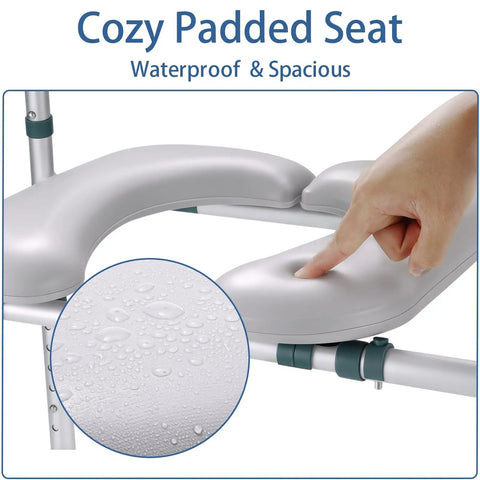 Cozy Padded Seat of Straight Up Raised Toilet Seat With Cozy Padded Handles And Adjustable Height For Seniors, waterproof details shown.
