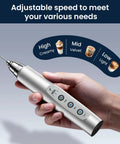 Rechargeable Milk Frother Handheld With 3 Speeds, A Real Go To For Latte Cappuccino Matcha And Egg Foams, Stainless Steel Whisks, Foam Maker, Type C Quick Charge, Easy Clean Coffee Drink Mixer shown handheld with control buttons.