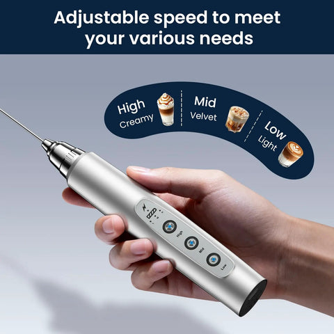 Rechargeable Milk Frother Handheld With 3 Speeds, A Real Go To For Latte Cappuccino Matcha And Egg Foams, Stainless Steel Whisks, Foam Maker, Type C Quick Charge, Easy Clean Coffee Drink Mixer shown handheld with control buttons.