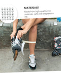 Person adjusting inline skate with stainless steel skate wheel bearing spacers and inline skate side plugs pack of 50 nearby.