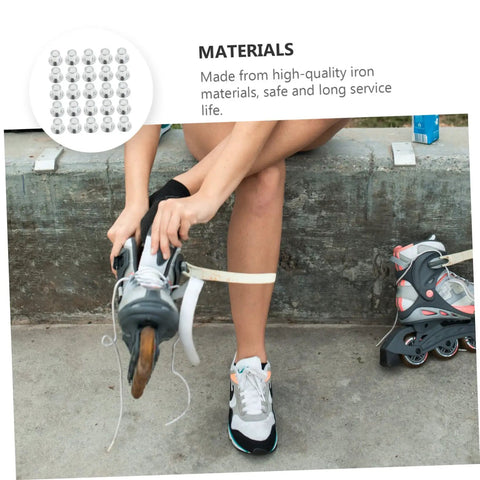 Person adjusting inline skate with stainless steel skate wheel bearing spacers and inline skate side plugs pack of 50 nearby.