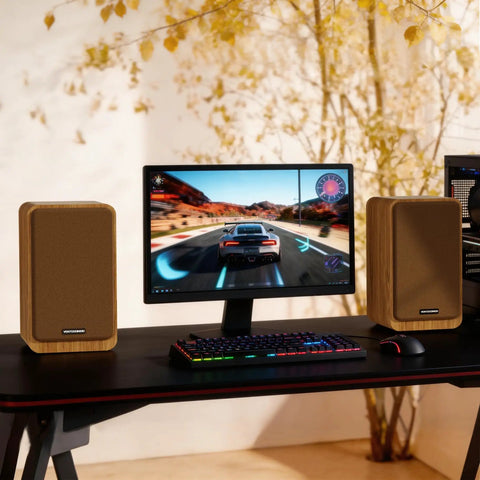 Bookshelf Studio Monitor Speakers 36W RMS Active Bluetooth 5.4 Wireless USB Audio for Turntable PC, gaming setup displayed.