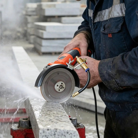 Heavy Duty Angle Grinder Water Attachment With Brass Adjustable Nozzle And Flexible Hose For Dust Suppression and Slick Wet Cutting Tile Work That Runs Nice And No Sweat, in use with water spray on granite.