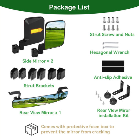 Dead Simple Golf Cart Side And Rear View Mirror Set Offering Badass HD Reflections No Drill Bracket Mount Universal Fitment For Ezgo Club Car Yamaha Boosts Night Vision And Keeps Things Super Chill package list with mirrors and mounting accessories.