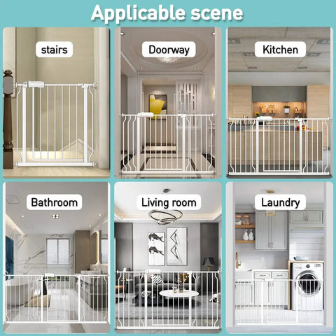 Extra Wide Walk Through Baby Gate 43 To 48 Inches, Pressure Mounted Auto Close, White Metal Barrier in various home settings