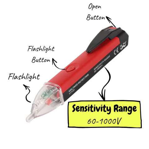 Non Contact AC Voltage Detector Pen with sensitivity range label, flashlight, open button visible, red and black design