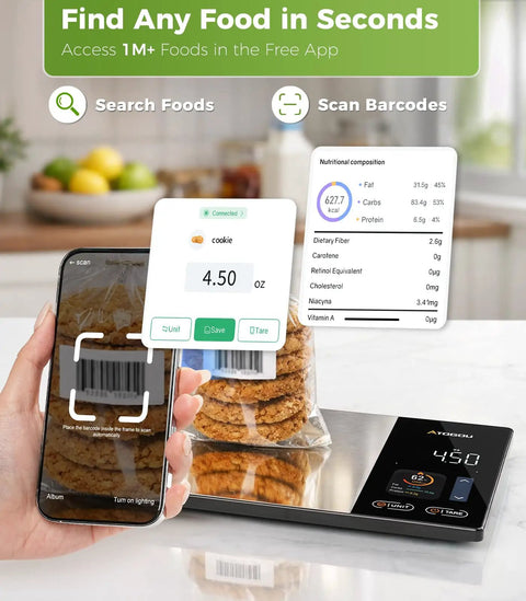 Smart Food Kitchen Scale With Nutrition Calculator, Color Display showing precise portion control and app barcode scanning