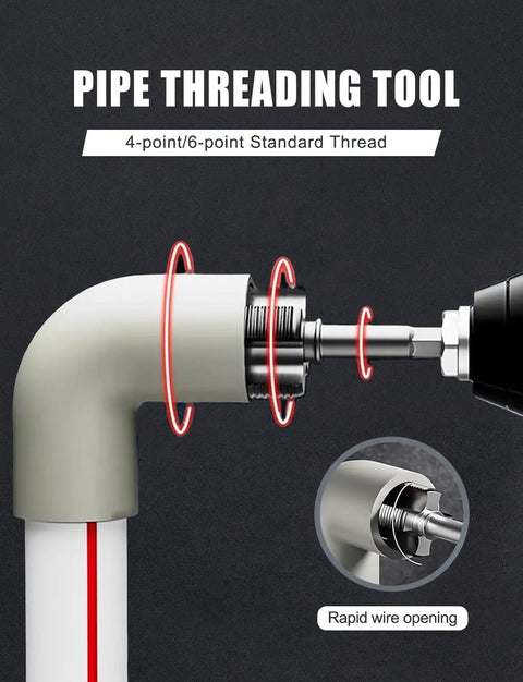 Dual Function Pipe Thread Cutter For Internal And External Threads Drill Compatible PVC Threader Kit One Half Inch And Three Quarters Inch Rethreading Tool For DIYers And Pros Silvery Finish attached to pipe