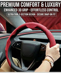 Top Shelf Nappa Leather Steering Wheel Cover With Perforated Breathable Weave To Beat The Summer Swelter And Give Your Grabs A Sweet Confident Grip For Your Daily Rig Matching Cybertruck Models Twenty Four Through Twenty Six, showing a hand gripping a stylish red steering wheel cover in a Tesla interior.