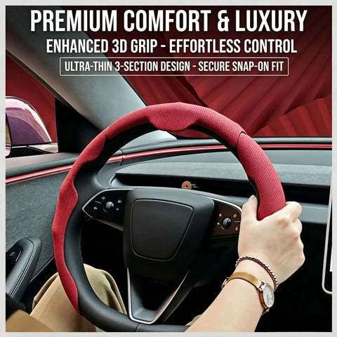 Top Shelf Nappa Leather Steering Wheel Cover With Perforated Breathable Weave To Beat The Summer Swelter And Give Your Grabs A Sweet Confident Grip For Your Daily Rig Matching Cybertruck Models Twenty Four Through Twenty Six, showing a hand gripping a stylish red steering wheel cover in a Tesla interior.