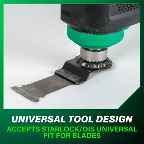Close-up of the cordless oscillating multi tool's StarLock blade system for DIY pros with 6 speed settings in a tight space.