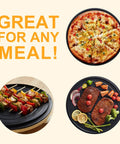 Bear 11.8 Inch 1500W Electric Smokeless Indoor Grill with adjustable temp control, serving pizza, kebabs, and grilled meats.