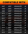 Compatibility list for Jeep Wrangler JK 2007 to 2018 with orange vehicle in background