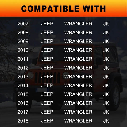 Compatibility list for Jeep Wrangler JK 2007 to 2018 with orange vehicle in background