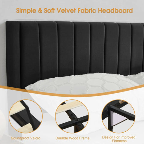 Ultra Comfy Queen Platform Bed Frame With Cozy Velvet Upholstered Headboard Built For Dead Quiet Sleep With Zero Box Spring Needed showing plush vertical stripe headboard and sturdy construction.