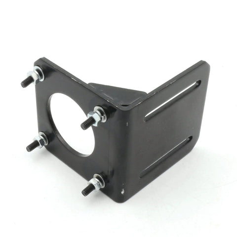 Angled view of black steel NEMA 23 stepper motor mounting bracket with bolt studs and circular opening